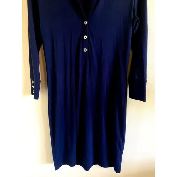 Lilly Pulitzer Navy Blue Gold Tone Button Collared Jersey Knit Dress‎ Womens XS - Picture 13 of 16